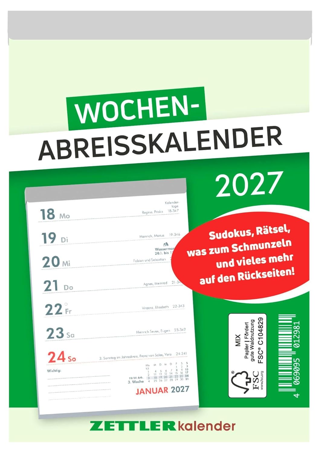 Wochenabreißkalender 2027: Abreißkalender 11 x 15 cm, 1 Woche pro Seite mit Sudoku, Rezepten, Rätseln & Tipps auf den Rückseiten