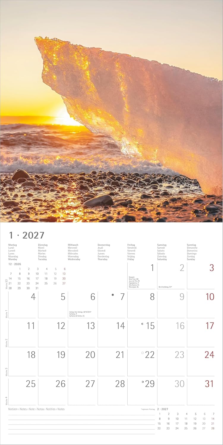 Sunny Moments 2027: Wandkalender 30x30 cm (30x60 cm geöffnet) mit Notizkalendarium, 12 Sonnenauf- und Sonnenuntergängen und Bucket-List – Bild 2