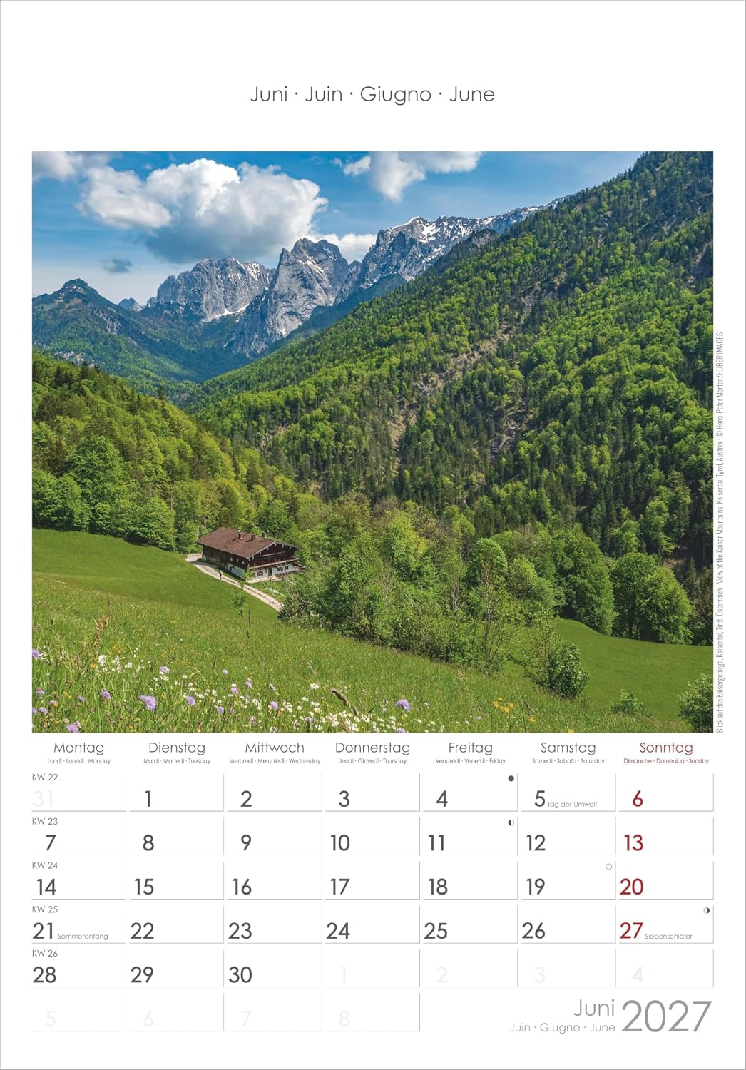 Alpen 2027: Wandkalender 23,7x34 cm mit 12 Alpenfotografien, 4-sprachigem Kalendarium und Platz für Notizen – Bild 4