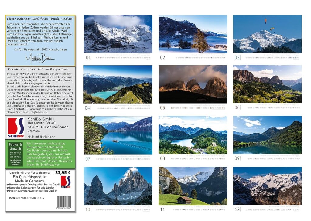 Kalender Alpen Impressionen 2027, Größe 59,4 x 42 cm, Bergfotos im Großformat | 240g Papier starke Seiten | Erlebnis Berge: Große Fotografie aus den Bergen, Berglandschaften in guter Druckqualität