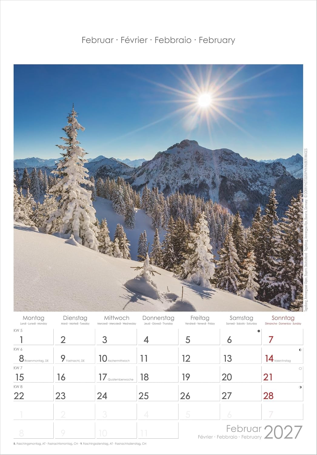 Alpen 2027: Wandkalender 23,7x34 cm mit 12 Alpenfotografien, 4-sprachigem Kalendarium und Platz für Notizen – Bild 2