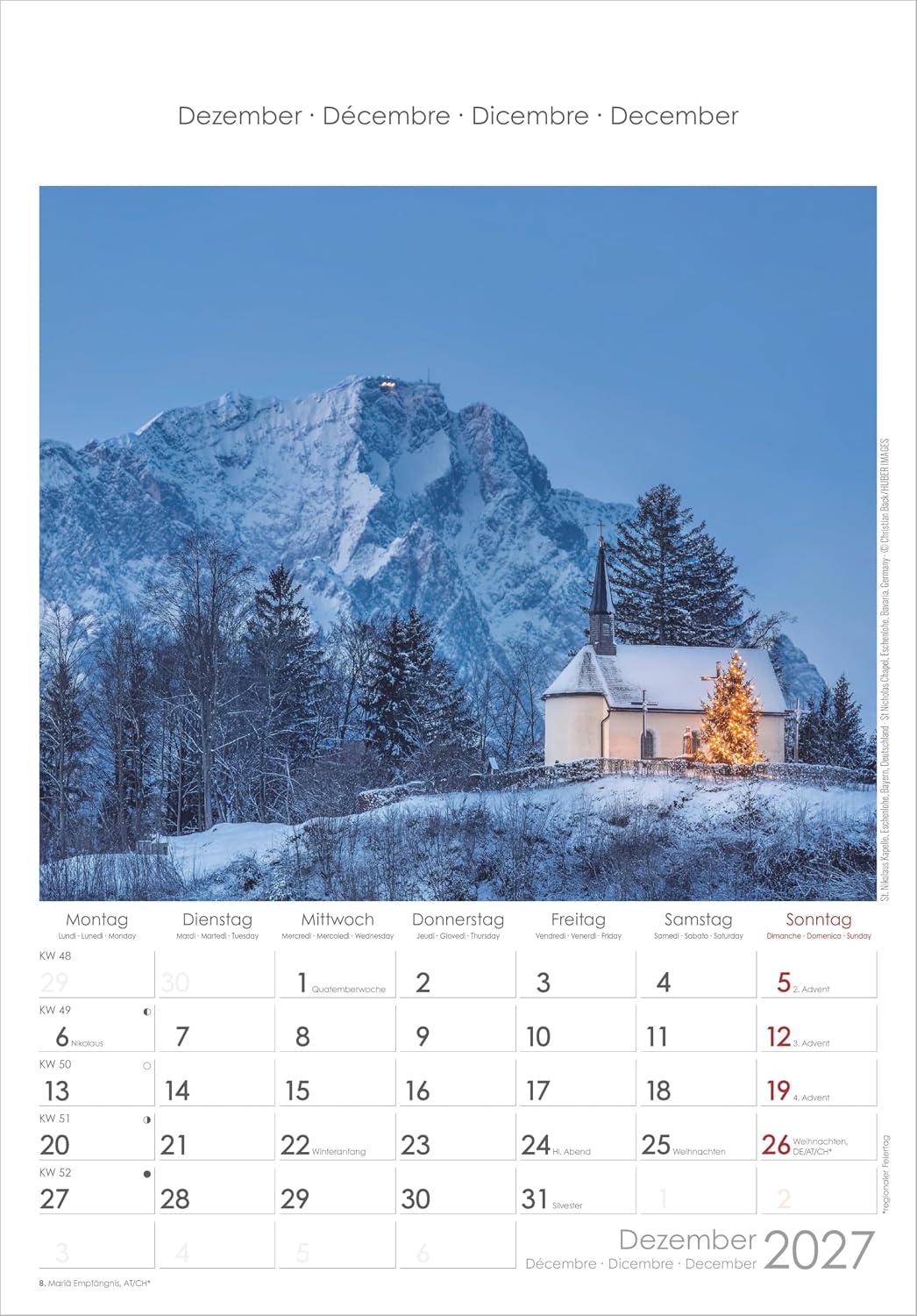 Alpen 2027: Wandkalender 23,7x34 cm mit 12 Alpenfotografien, 4-sprachigem Kalendarium und Platz für Notizen – Bild 7