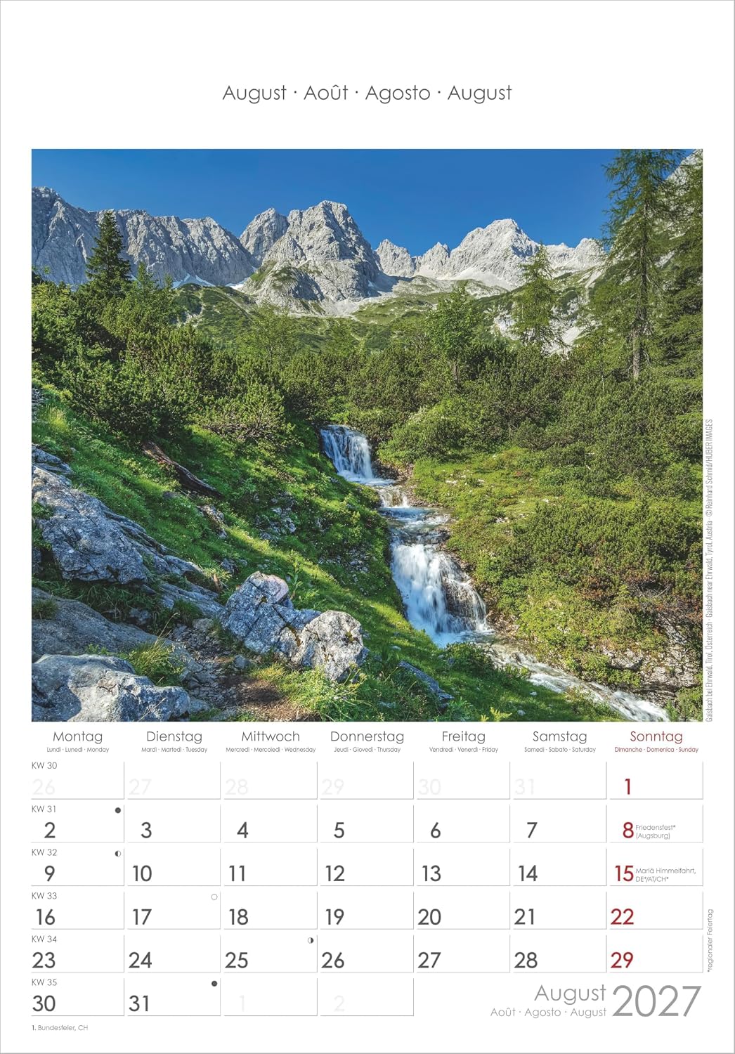 Alpen 2027: Wandkalender 23,7x34 cm mit 12 Alpenfotografien, 4-sprachigem Kalendarium und Platz für Notizen – Bild 5