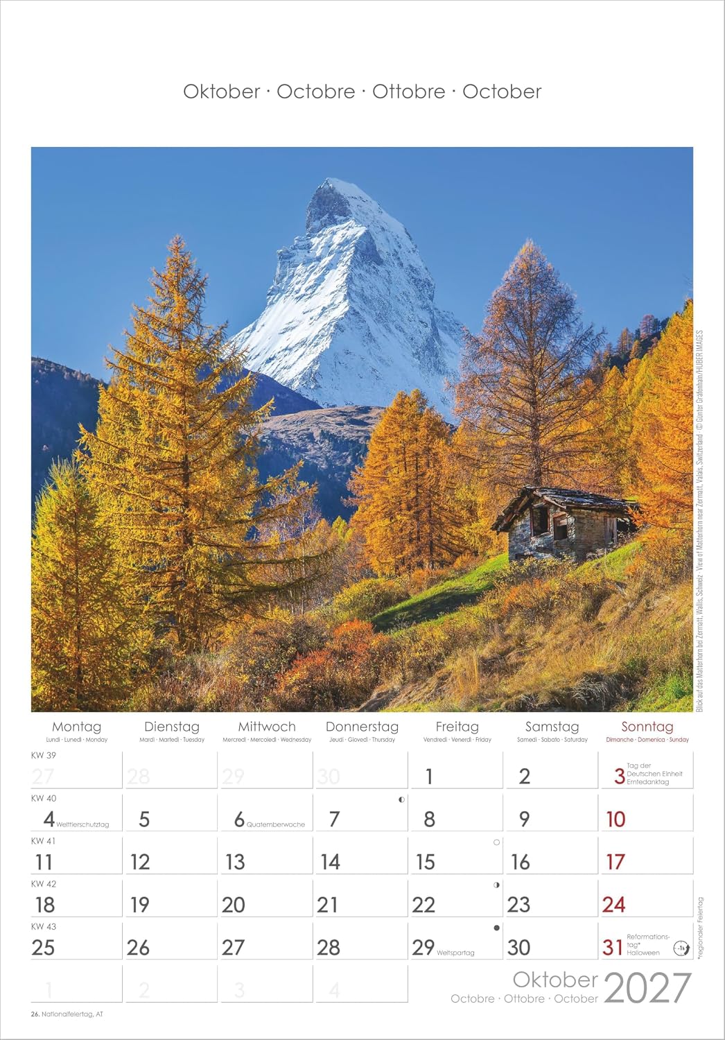 Alpen 2027: Wandkalender 23,7x34 cm mit 12 Alpenfotografien, 4-sprachigem Kalendarium und Platz für Notizen – Bild 6
