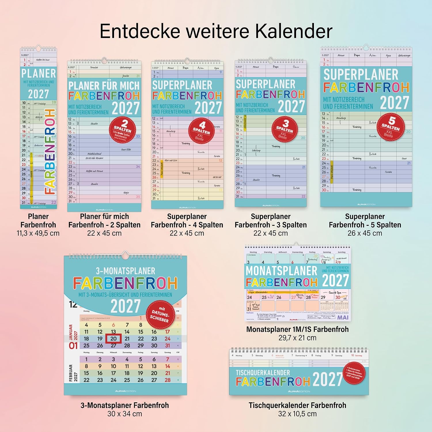 Colourful Super Planner - 3 Columns 2027: Colourful Family Calendar 22 x 45 cm with 3 Columns, School Holidays, Holidays & Note Field, Ideal for Family Organisation – Bild 5