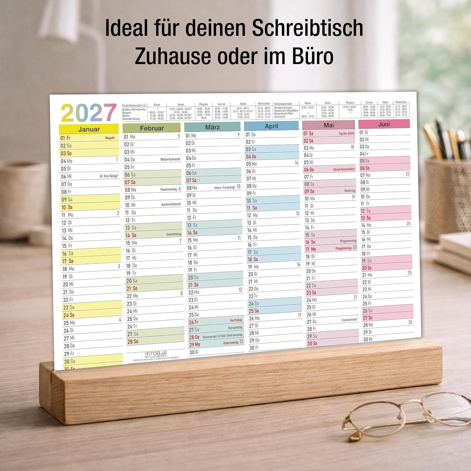 TOBJA® Blackboard Calendar 2027 Wipe-Clean - Wall Calendar 2027 A4 Colourful Includes 1 Pen - with Holidays, Holidays & KW, Rewritable Extra Thick Paper Calendar 2027 A4 Wipe-Clean – Bild 4