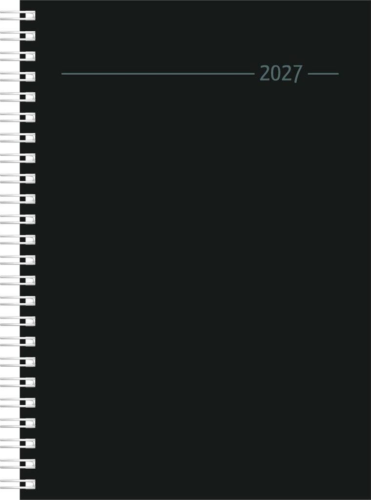 Wochenplaner Balacron schwarz A5 Ringbuch 2027: Wochenkalender A5 (15x21 cm) mit 1 Woche auf 2 Seiten, Ringbindung, Zeiteinteilung 7-22 Uhr & 4-sprachigem Kalendarium für Arbeit & Studium