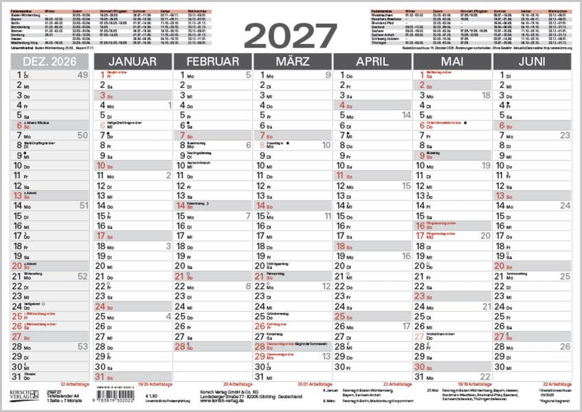 Tafelkalender A4 2027: 14 Monate auf Vorder- und Rückseite I Ferientermine und Feiertage