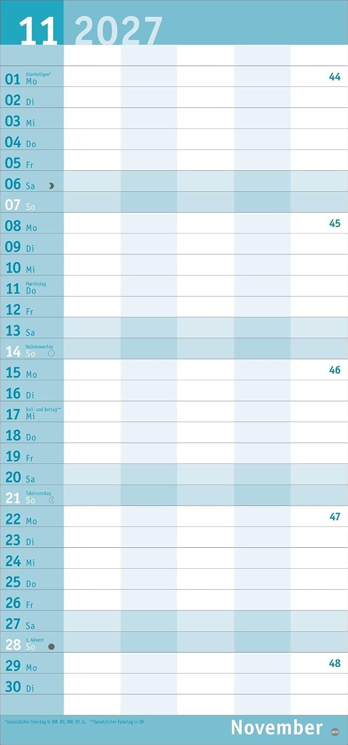 Basic Familienplaner 2027: Praktischer Wandplaner mit 5 Spalten. Familien-Wandkalender mit Schulferien und 3-Monats-Ausblick aufs Folgejahr. Terminkalender 2027. – Bild 12