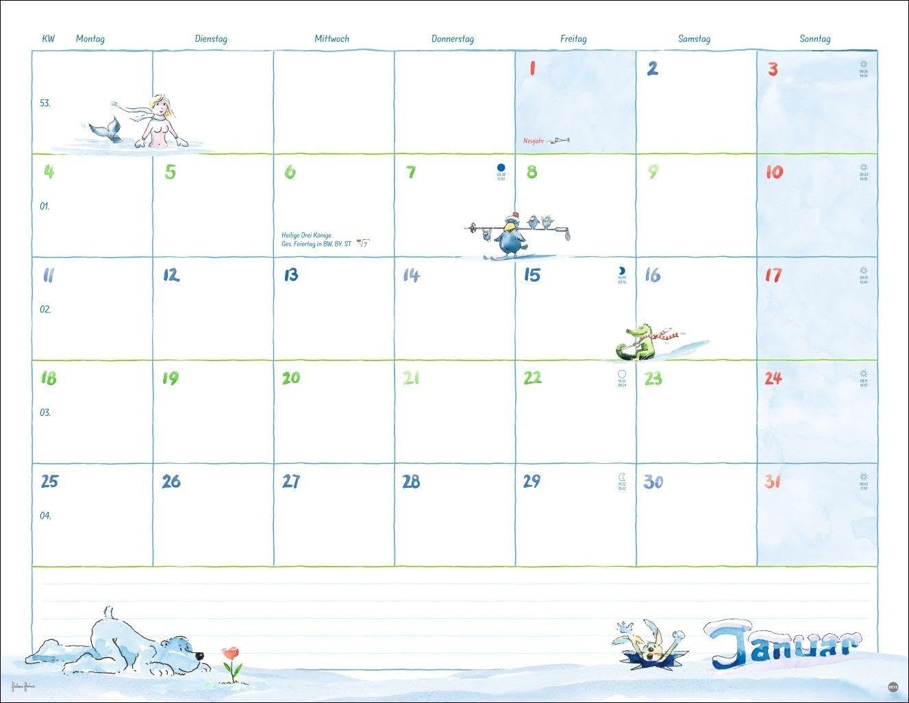 Helme Heine: Monatsplaner 2027: Liebevoll illustrierter Wandkalender von Helme Heine mit den drei Freunden. Termin-Kalender 2027 zum Eintragen. 44 x 34 cm. Querformat. – Bild 2