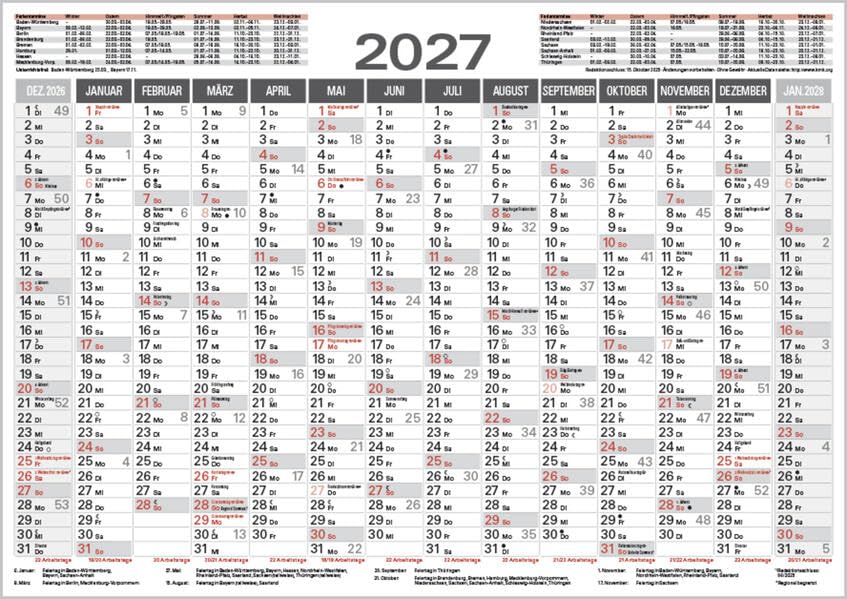 Tafelkalender A4 2027: 14 Monate auf einer Seite I Ferientermine und Feiertage