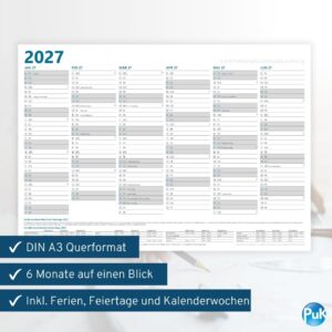 Year Planner 2027 A3 | 12 Months with Holidays and Holidays | Folded to DIN A4 | 12 Months Blackboard Calendar Front and Back DIN A3 Landscape Wall Planner – Bild 5