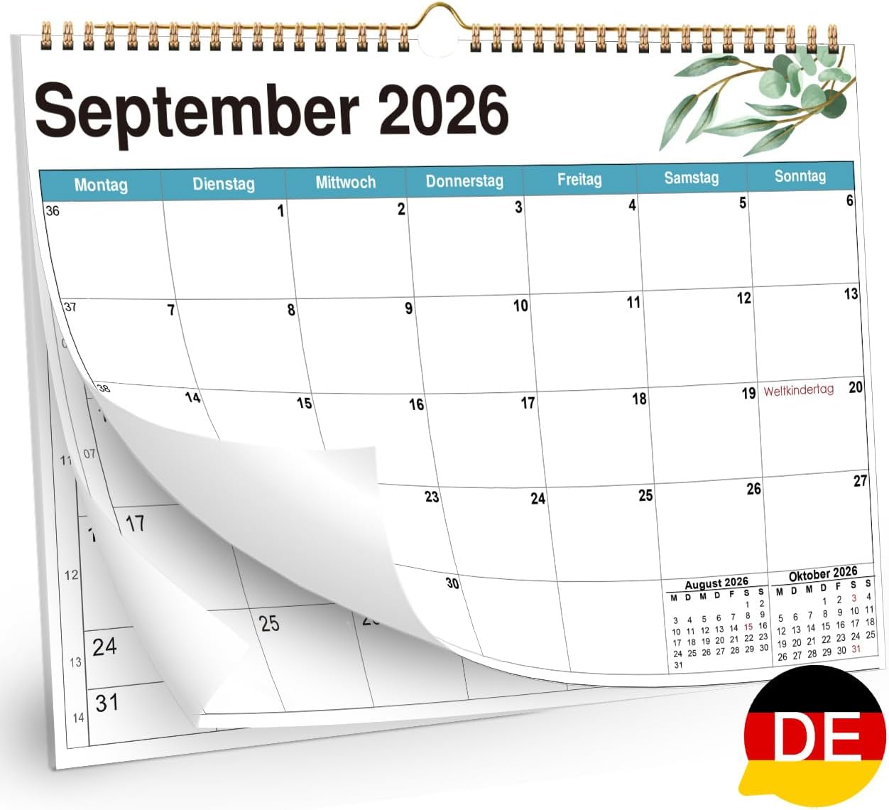 Wall Calendar 2026-2027 A4-16 Months from Sep 2026 Green Leaves German
