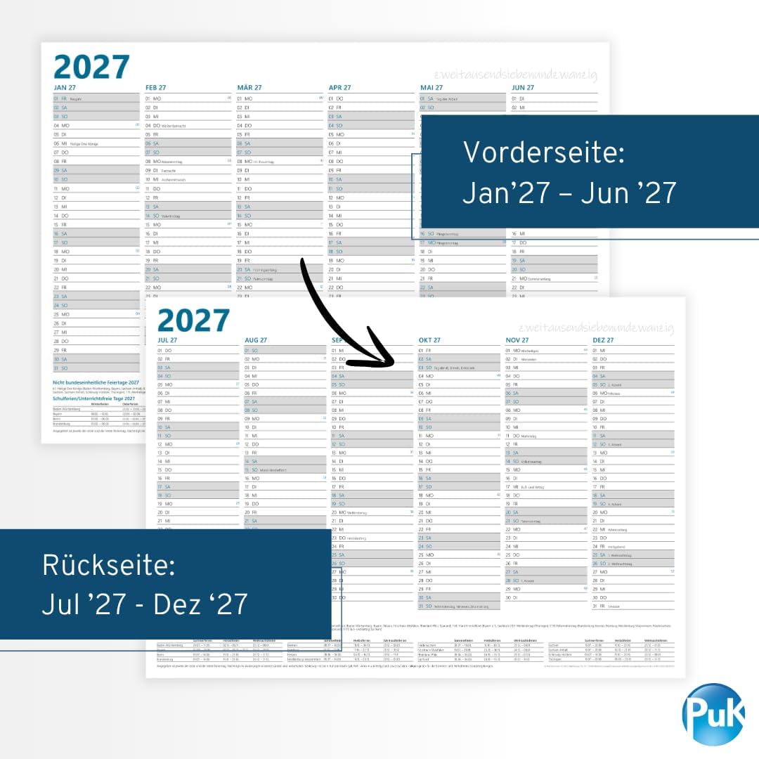 Year Planner 2027 A3 | 12 Months with Holidays and Holidays | Folded to DIN A4 | 12 Months Blackboard Calendar Front and Back DIN A3 Landscape Wall Planner – Bild 4