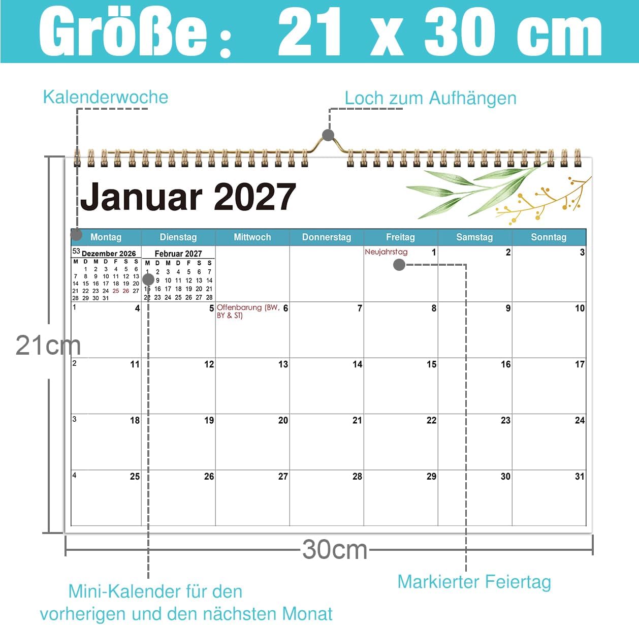 Wall Calendar 2026-2027 A4-16 Months from Sep 2026 Green Leaves German – Bild 2