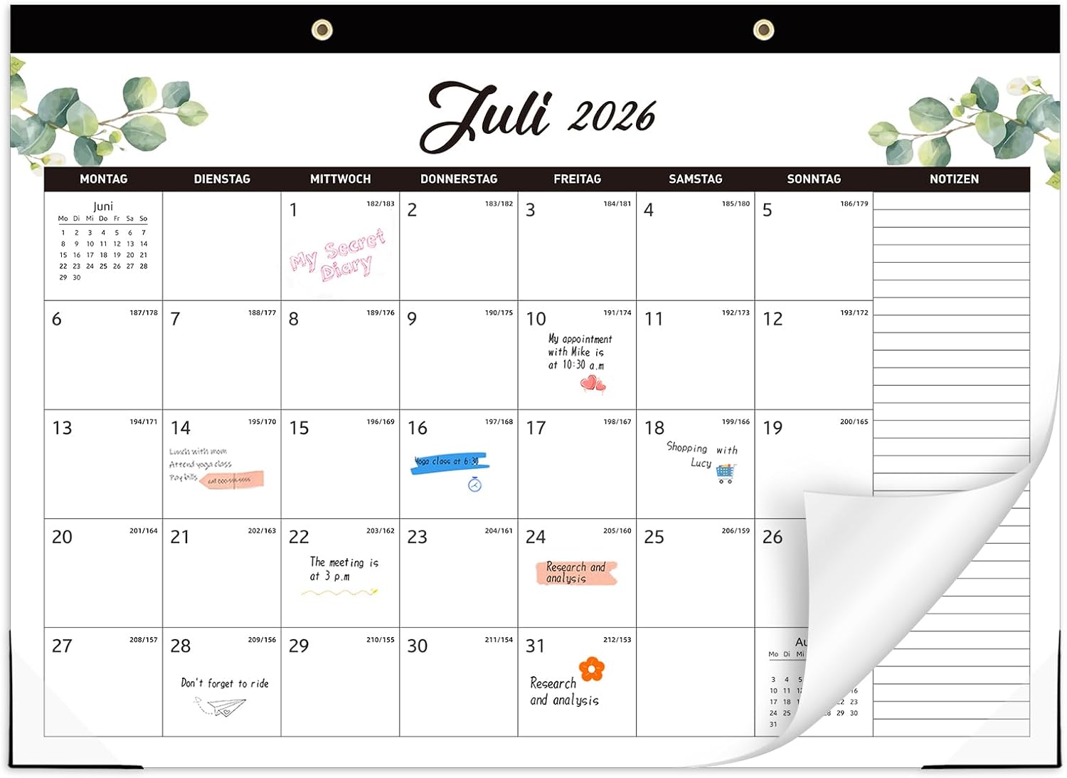 Calendar 2026/2027, 18 Month Large Wall Calendar, 43 x 30 cm, Green Leaves