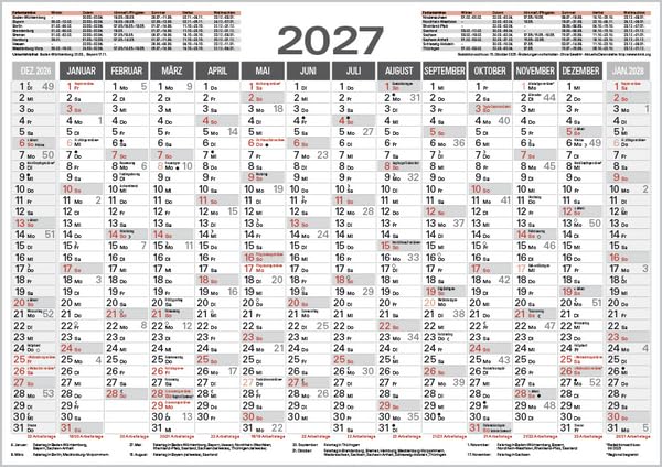 Tafelkalender A4 2027: 14 Monate auf einer Seite I Ferientermine und Feiertage – Bild 2