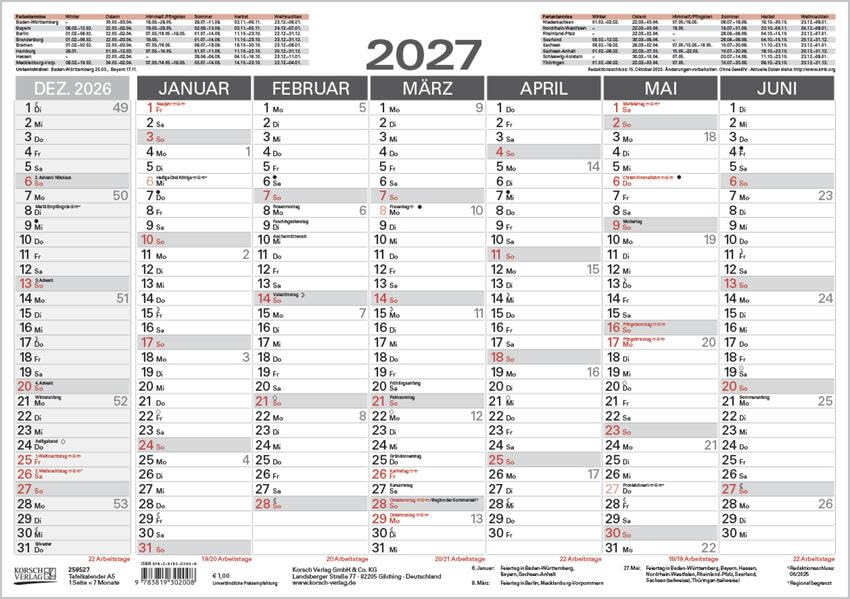 Tafelkalender A5 2027: 14 Monate auf Vorder- und Rückseite I Ferientermine und Feiertage