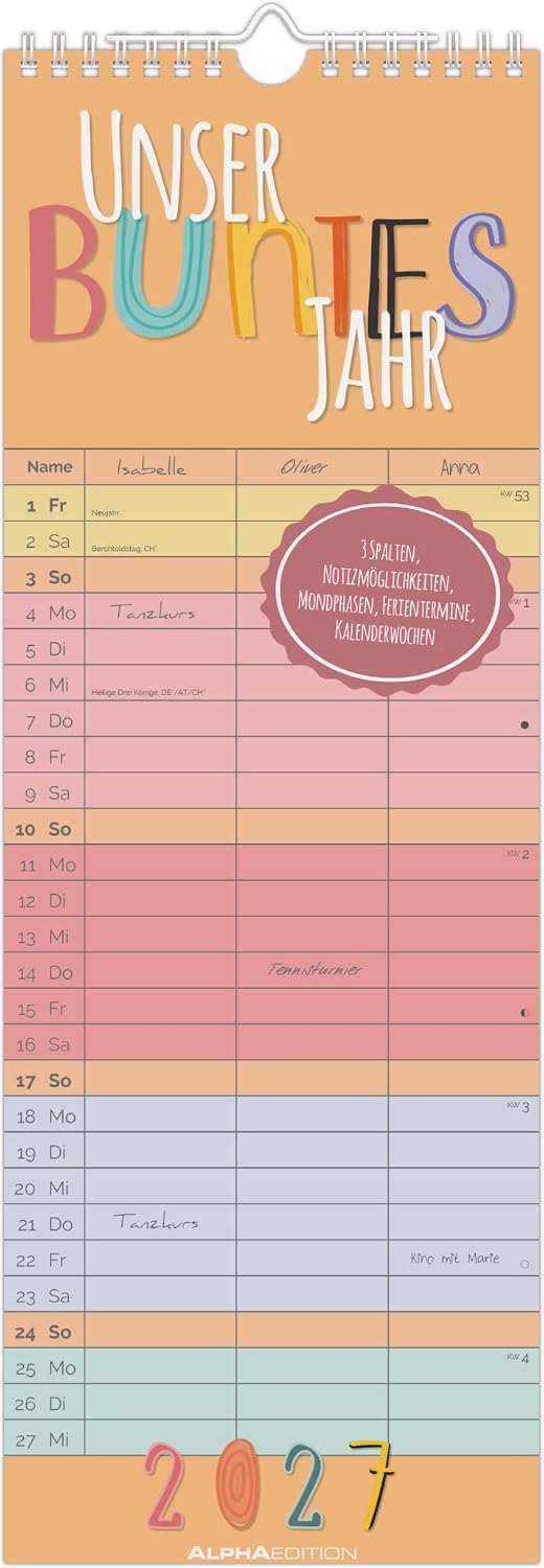 Family Planner Our Colourful Year 2027: Colourful Family Planner 14.9 x 42 cm with 3 Columns, German Calendar and Note Field, Ideal for Family Organisation