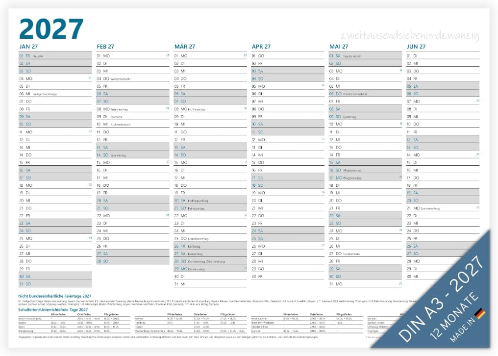 Year Planner 2027 A3 | 12 Months with Holidays and Holidays | Folded to DIN A4 | 12 Months Blackboard Calendar Front and Back DIN A3 Landscape Wall Planner