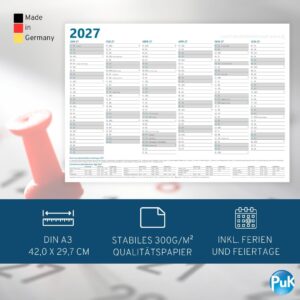 Year Planner 2027 A3 | 12 Months with Holidays and Holidays | Folded to DIN A4 | 12 Months Blackboard Calendar Front and Back DIN A3 Landscape Wall Planner – Bild 3