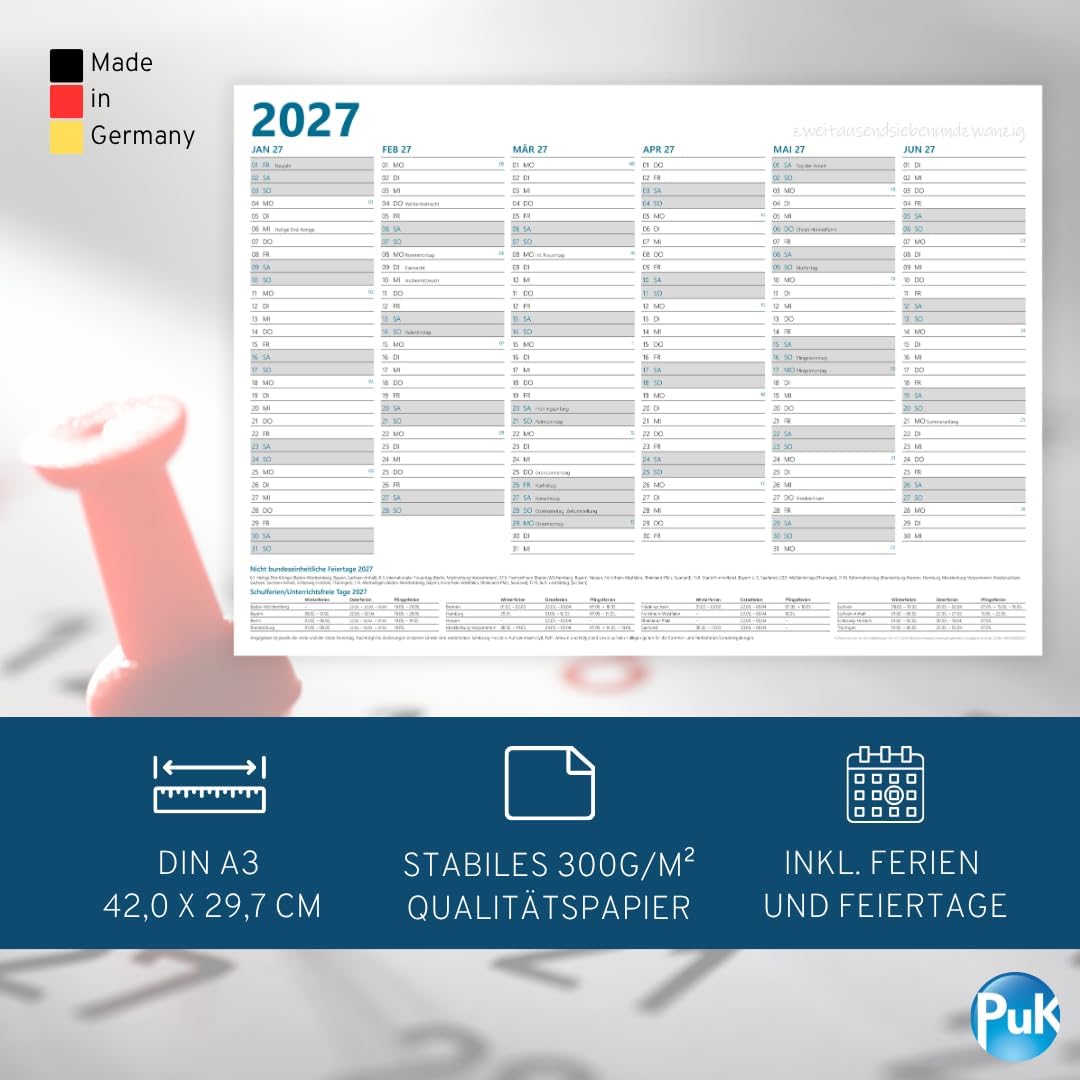 Year Planner 2027 A3 | 12 Months with Holidays and Holidays | Folded to DIN A4 | 12 Months Blackboard Calendar Front and Back DIN A3 Landscape Wall Planner – Bild 3