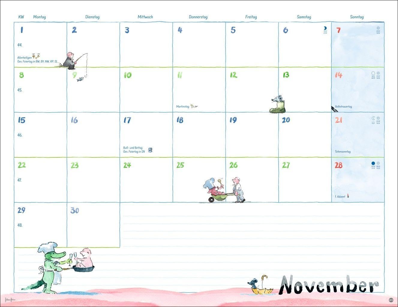 Helme Heine: Monatsplaner 2027: Liebevoll illustrierter Wandkalender von Helme Heine mit den drei Freunden. Termin-Kalender 2027 zum Eintragen. 44 x 34 cm. Querformat. – Bild 12