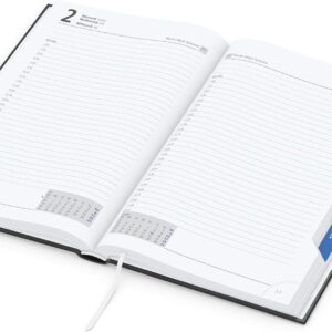 GEIGER-OFFICE Book Calendar 2027 Manager Register - Premium Executive Timer in DIN A5 Format with Monthly Index Punch - 1 Day on 1 Page - 416 Pages - Padded Balacron Cover Black with Year Number – Bild 2