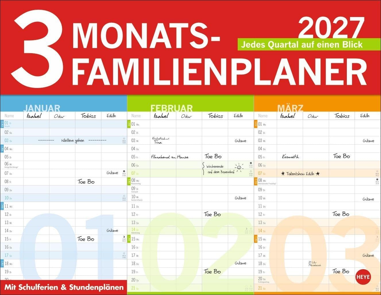 3-Monats-Familienplaner 2027: Familienkalender mit 3 Monats-Übersicht. Praktischer Familien-Wandkalender mit viel Platz zum Eintragen. 44 x 34 cm