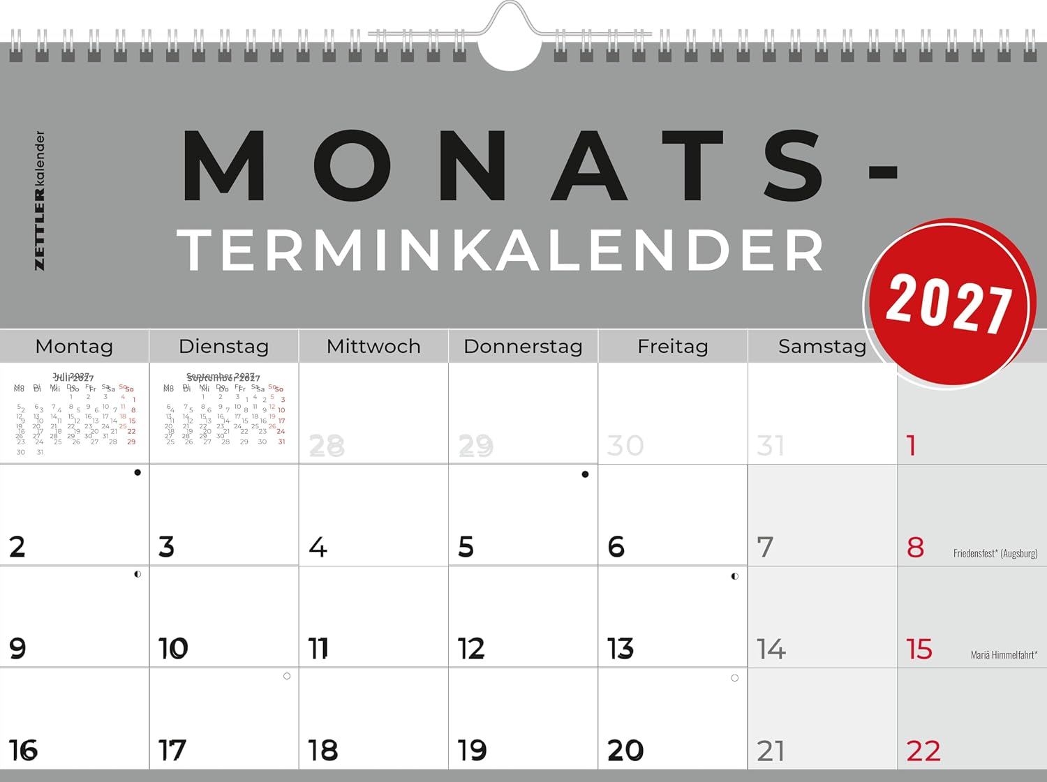 Monthly Appointment Calendar 1M/1S 2027: Wall Calendar A4 30 x 21 cm, 1 Month per Page, 16 Sheets, Wire Binding with Hanger, Week Counting, Pre- & Following Month, Sundays & Holidays