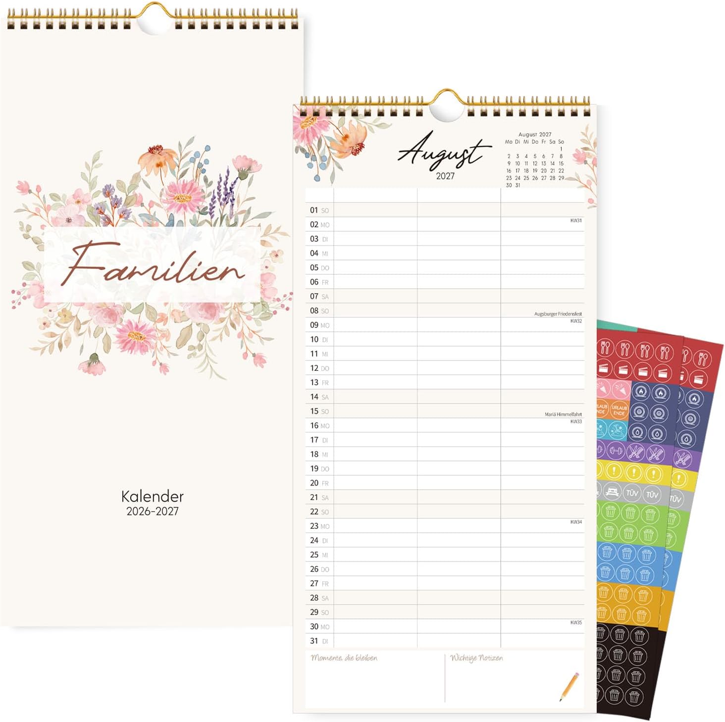 KONVINIT Family Calendar 2026/2027 3 Columns 21 x 42 cm, Calendar 2027 Wall Calendar Family Planner for 18 Months: July 26 to Dec 27 with Stickers Golden Spiral Binding