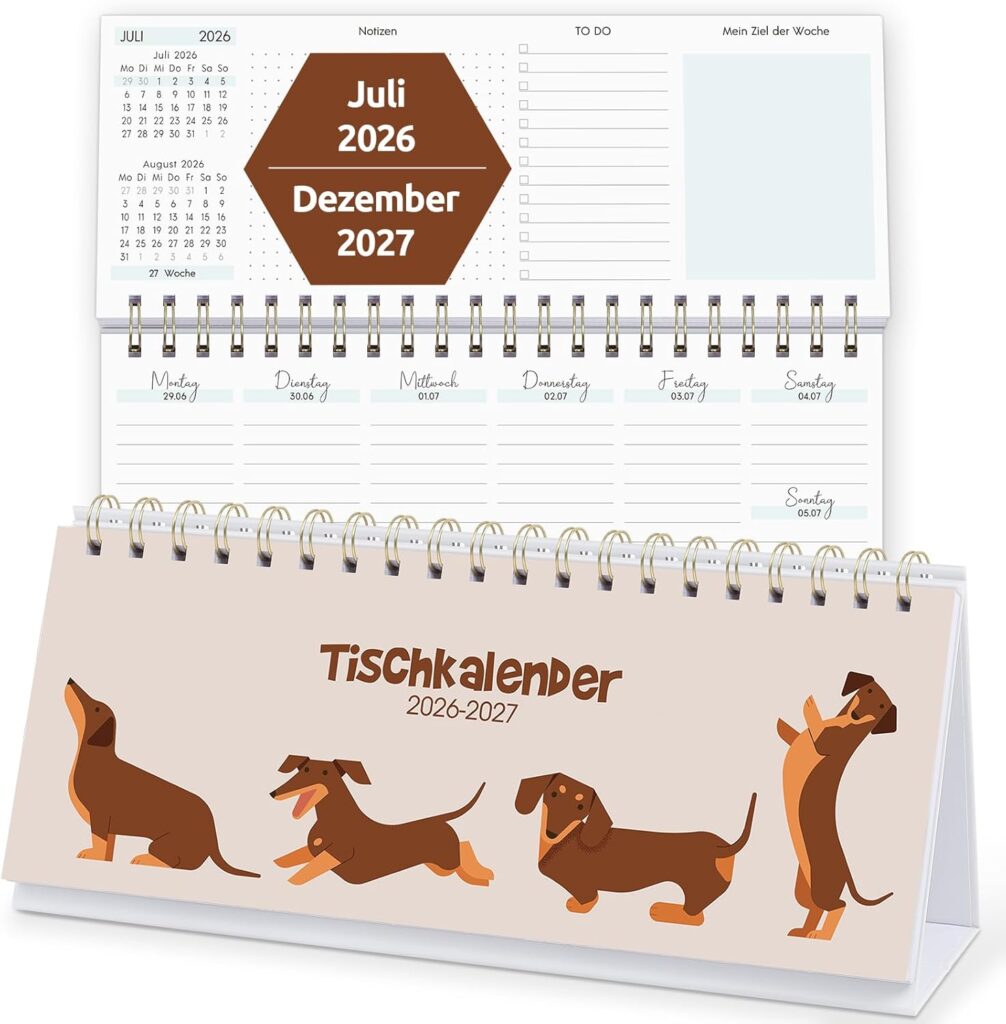 KONVINIT Desk Calendar 2026 2027, Weekly Planner 2027 with Stand Desk Calendar, 1 Week 2 Pages, Cute Dachshund Motif Standing Calendar 2027 for School Office Home (Landscape)