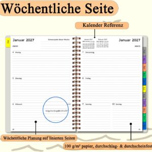 Calendar 2027 A5 Book Calendar 1 Week 2 Pages, Diary / Weekly Planner Ring Binder with Monthly Index, Password, Notes, Pocket, Spiral Bound Planner Jan-Dec 27, for Office, School & Families, German – Bild 4
