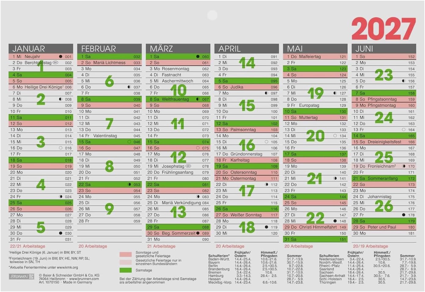 BRUNNEN Blackboard Calendar 2027 | A5 Landscape