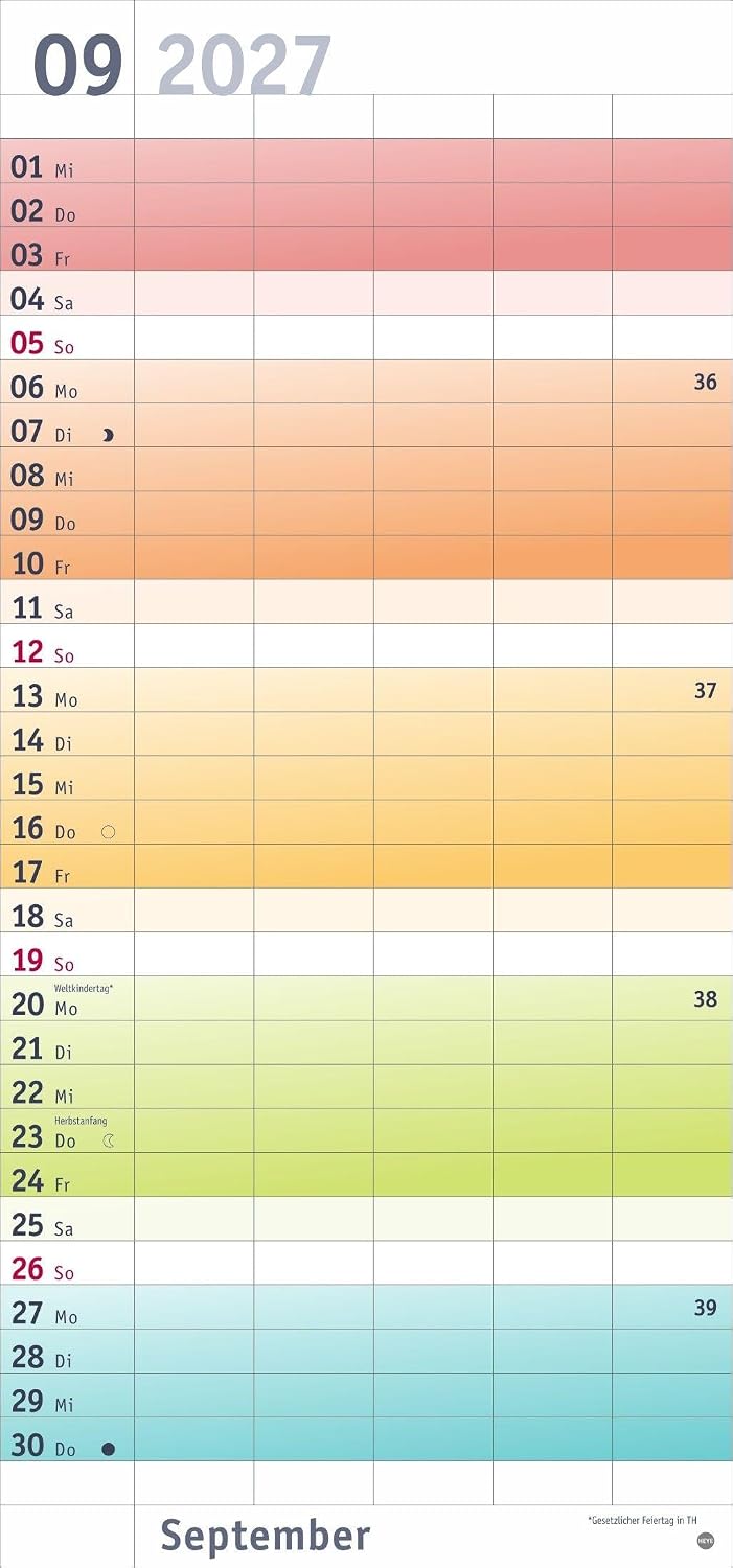 Bunte Wochen Familienplaner 2027: Praktischer Wandplaner mit 5 Spalten. Familien Wandkalender mit Schulferien und 3-Monats-Ausblick aufs Folgejahr. Terminkalender 2027. – Bild 10