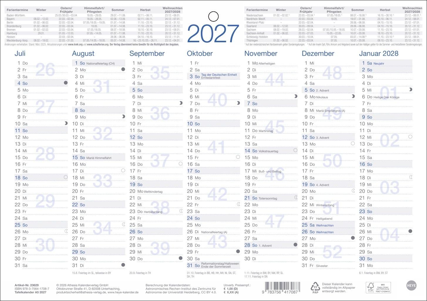 Tafelkalender A5 2027: Praktischer und neutraler Jahresplaner für den Schreibtisch oder die Wand. Terminplaner im kompakten Format mit Vorder- und Rückseite. Schlichter Jahres-Überblick – Bild 2