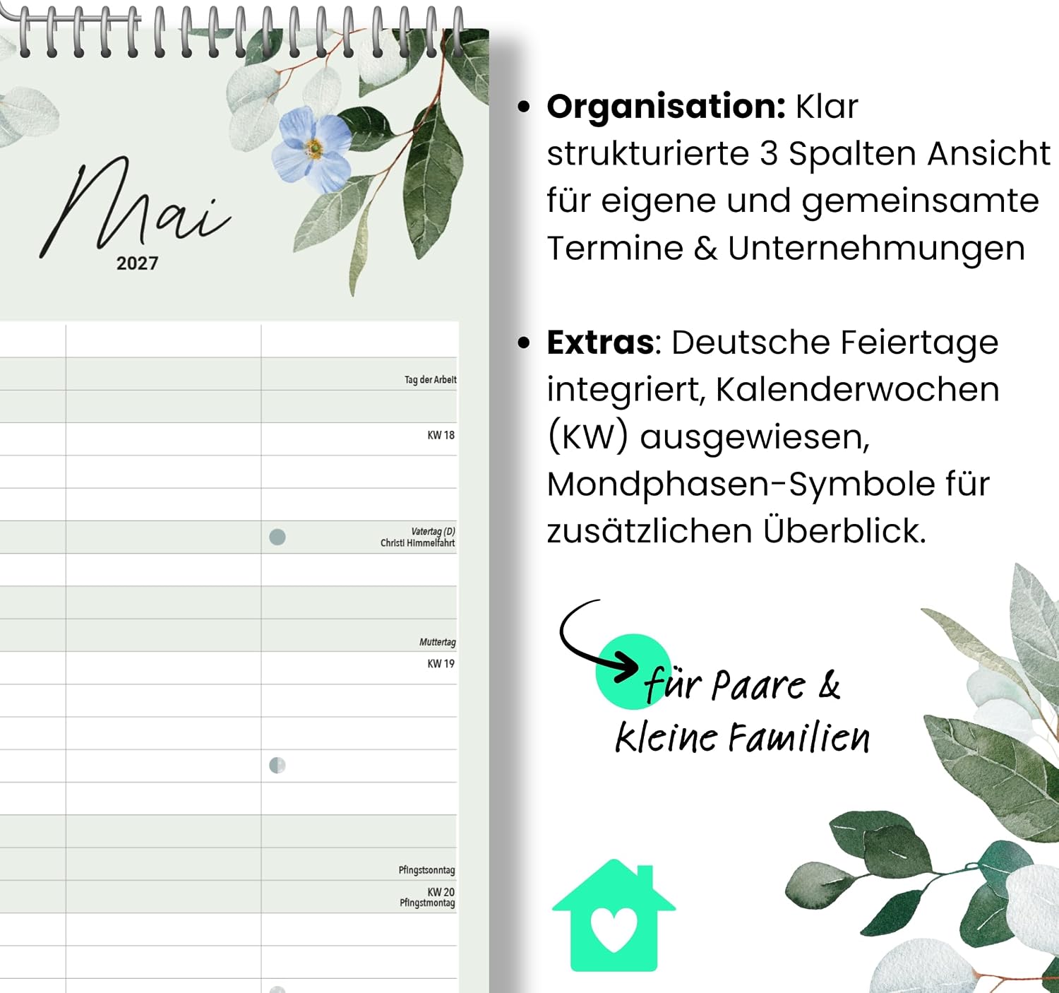 heaven+paper Familienkalender 2027 3 Spalten Green Kalender 2027 (21x42cm) – Bild 5