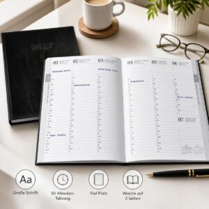 Alternative view of TOBJA® Book Calendar 2027 OptiPlaner Pure - Classic Black, Leather Look, 30 Minutes Timing 7-21 o'clock, Weekly Planner Between A5 & A4 (18.5 x 26 cm), FSC, 4 Languages | Diary 2027