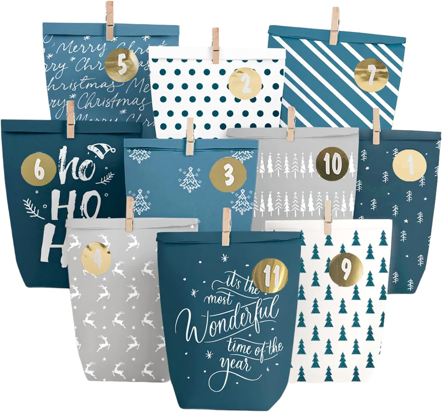 Advent Calendar for Filling, 24 Advent Bags for Crafts, Christmas Calendar to Fill Yourself, Printed Christmas Bags with Number Stickers to Fill Yourself (Blue/Grey)