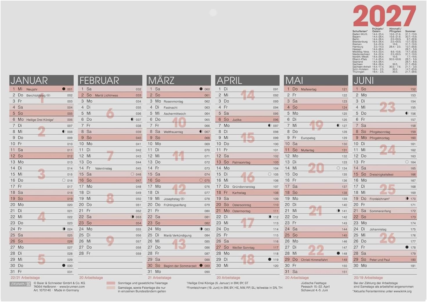 BRUNNEN Blackboard Calendar 2027 | A4 Landscape