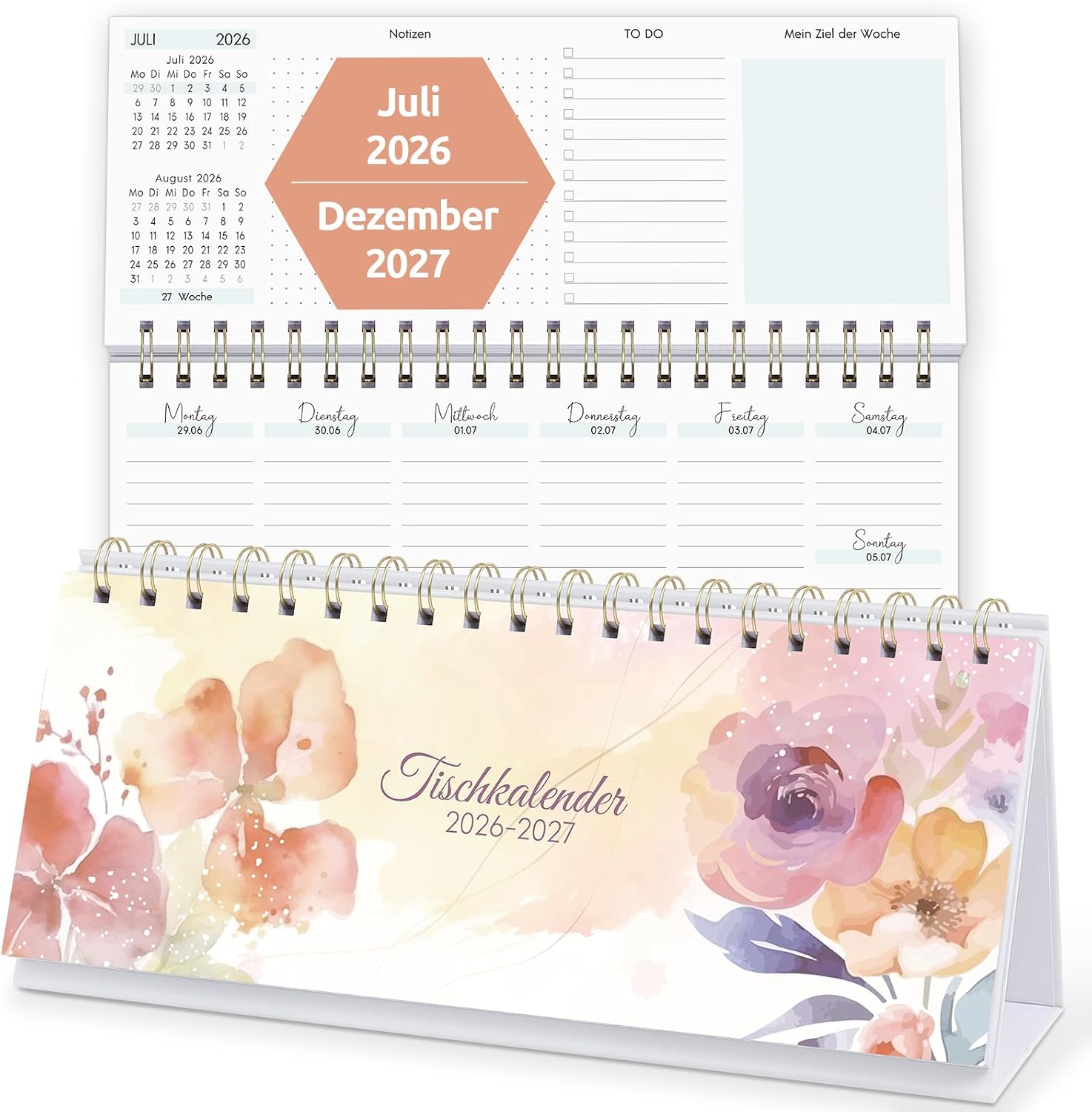 KONVINIT Desk Calendar 2026 2027 Landscape Calendar 2027 Table Flower Motif Weekly Calendar / Table Planner from July 2026 to December 2027, 1 Week 2 Pages, Standing Calendar for School Office Home