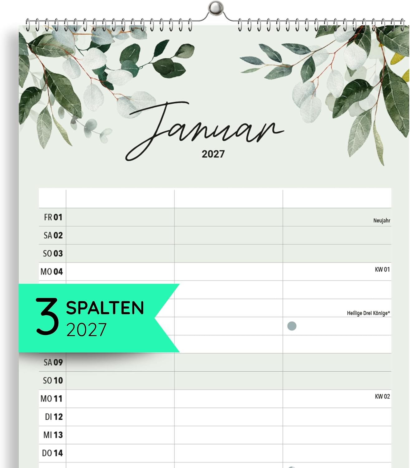 heaven+paper Familienkalender 2027 3 Spalten Green Kalender 2027 (21x42cm)