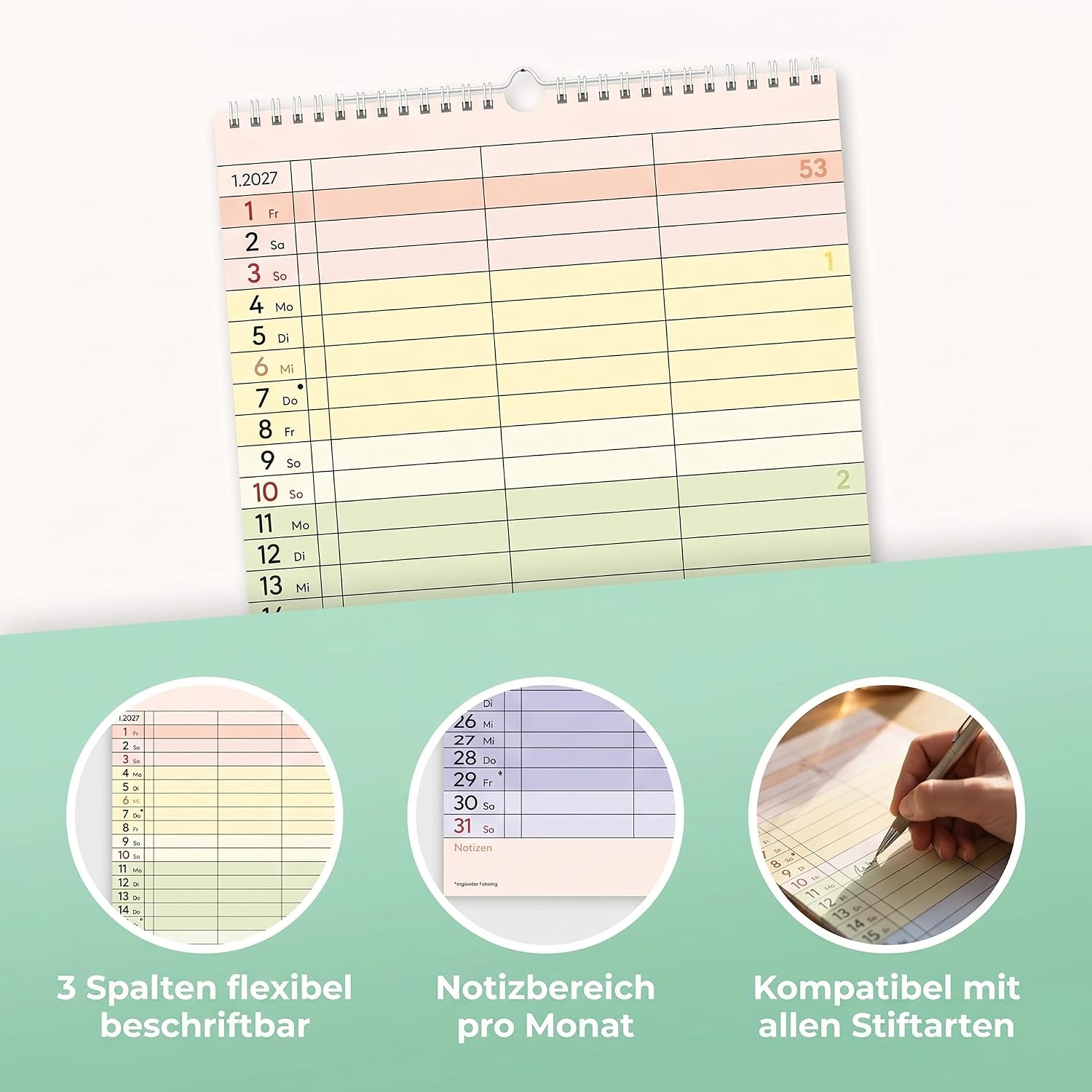 Colourful Super Planner - 3 Columns 2027: Colourful Family Calendar 22 x 45 cm with 3 Columns, School Holidays, Holidays & Note Field, Ideal for Family Organisation – Bild 2
