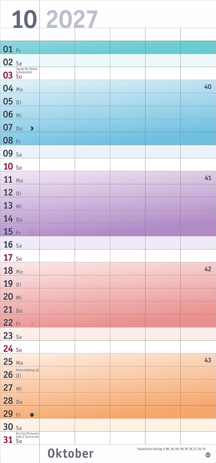 Bunte Wochen Familienplaner 2027: Praktischer Wandplaner mit 5 Spalten. Familien Wandkalender mit Schulferien und 3-Monats-Ausblick aufs Folgejahr. Terminkalender 2027. – Bild 11