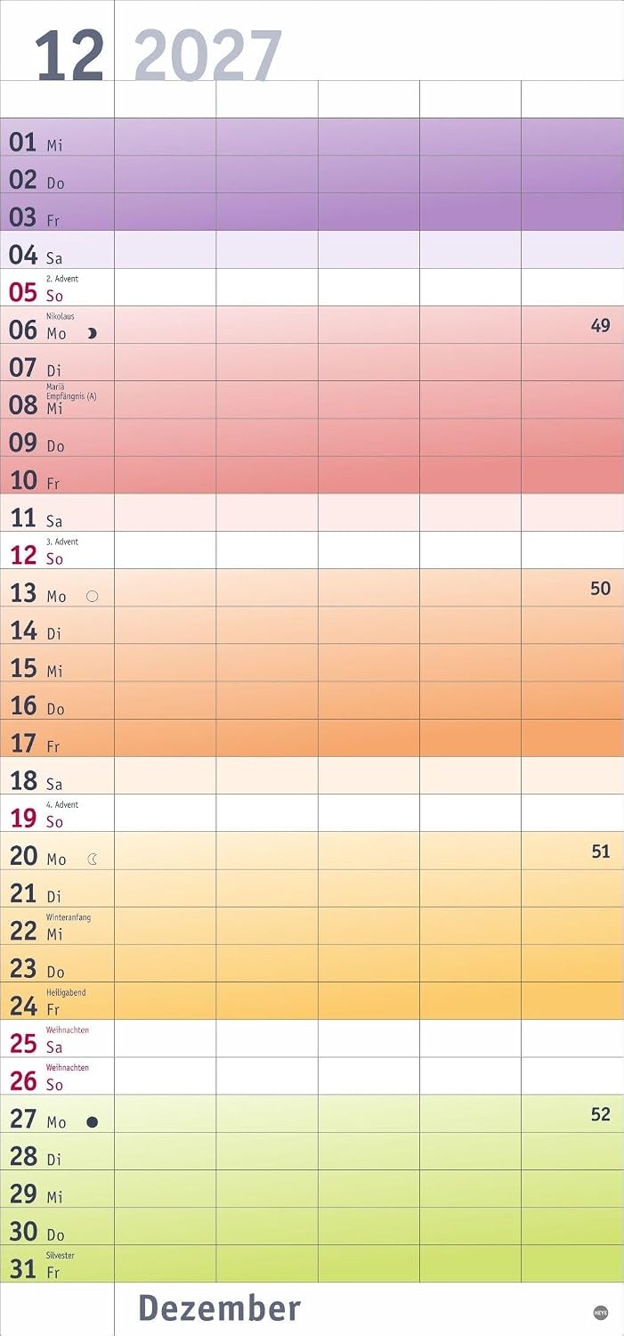 Bunte Wochen Familienplaner 2027: Praktischer Wandplaner mit 5 Spalten. Familien Wandkalender mit Schulferien und 3-Monats-Ausblick aufs Folgejahr. Terminkalender 2027. – Bild 13