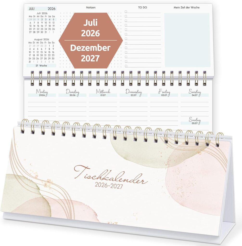 KONVINIT Desk Calendar 2026 2027 Weekly Planner 2027 for Office & Home Office - 1 Week 2 Pages with Notes, To-dos & Weekly Goal - Calendar 2027 for Standing, Format: 29.7 x 11.6 cm (Landscape Format)