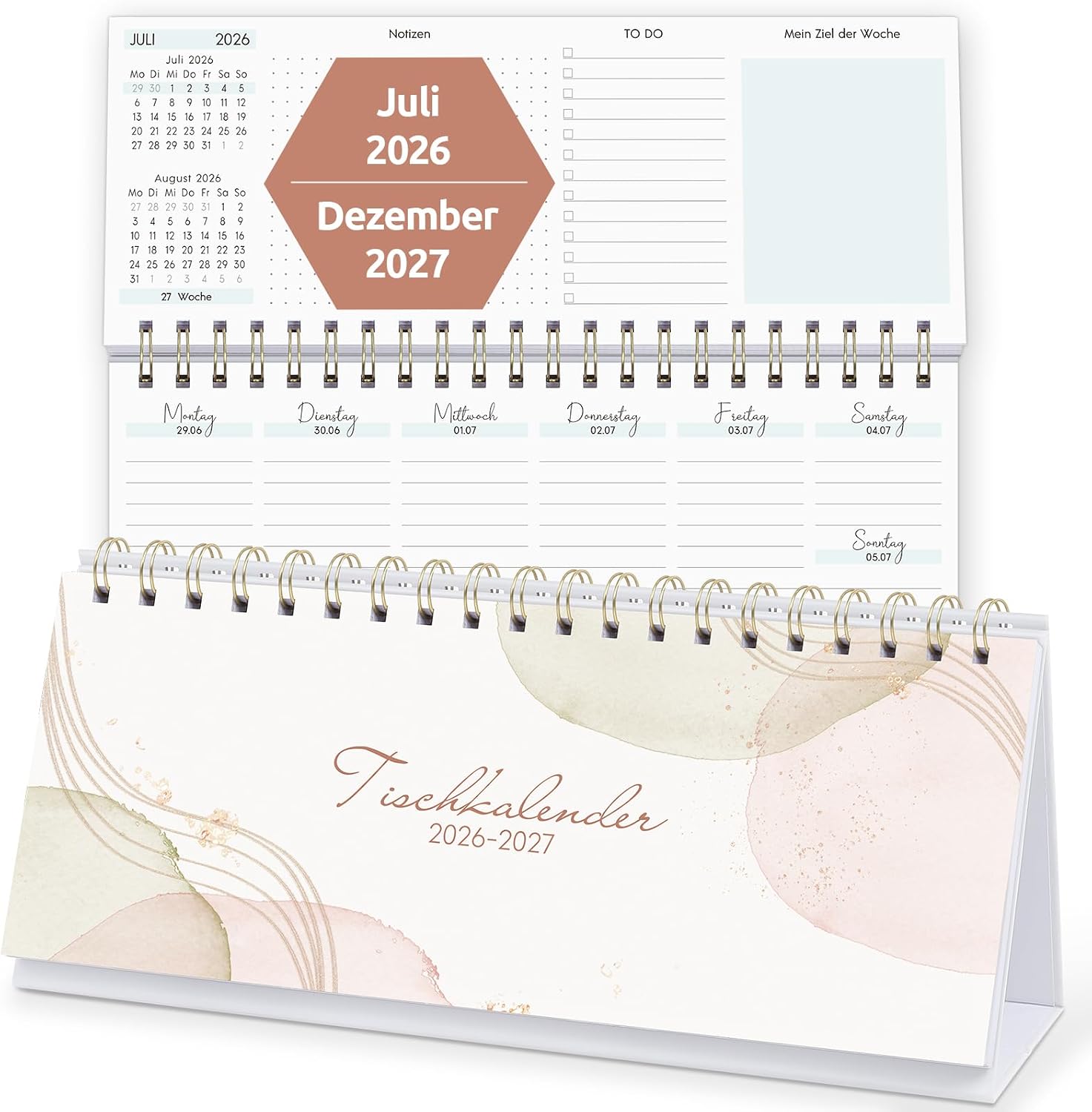 KONVINIT Desk Calendar 2026 2027 Weekly Planner 2027 for Office & Home Office - 1 Week 2 Pages with Notes, To-dos & Weekly Goal - Calendar 2027 for Standing, Format: 29.7 x 11.6 cm (Landscape Format)