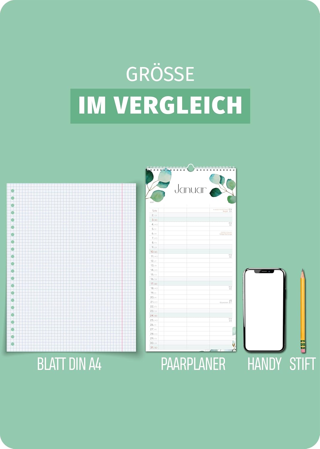 Schöne Güter® Couples Calendar 2027 Family Calendar 3 Columns 16 x 32.5 cm Eucalypt Greenery Wall Planner for 2 People Couple Planner Natural Design Modern and Fresh Includes Stickers and Holidays – Bild 3
