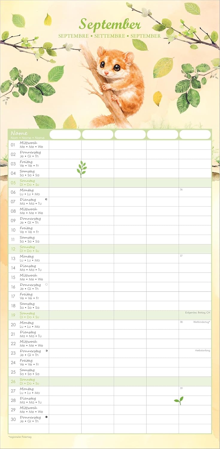 Familienplaner Tierzauber 2027: Familienkalender 22x45 cm mit 5 Spalten, liebevollen Tierillustrationen, Schulferien & Stundenplänen, ideal für Familien mit Kindern – Bild 6