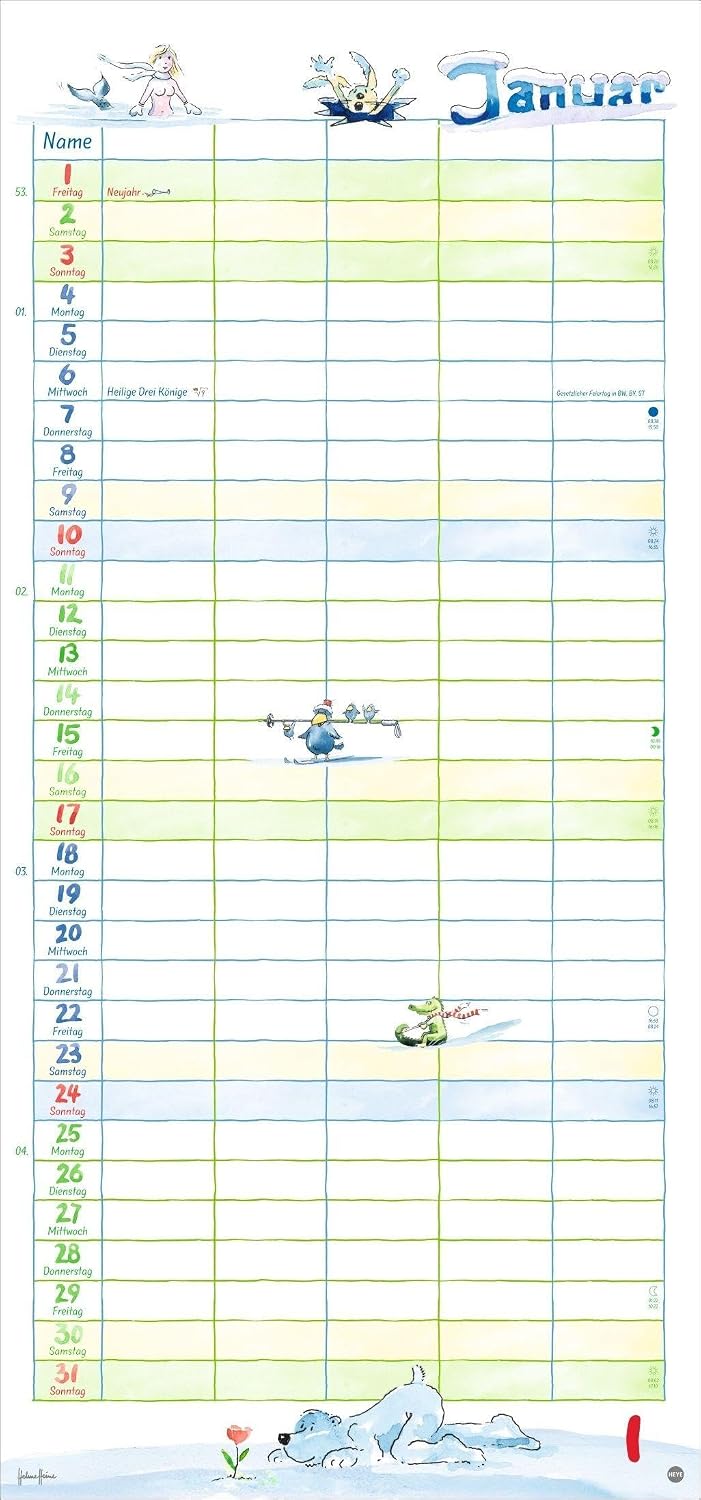 Helme Heine: Familienplaner 2027: Familienkalender mit 5 Spalten. Liebevoll illustrierter Familien-Wandkalender mit Schulferien und Stundenplänen. – Bild 2